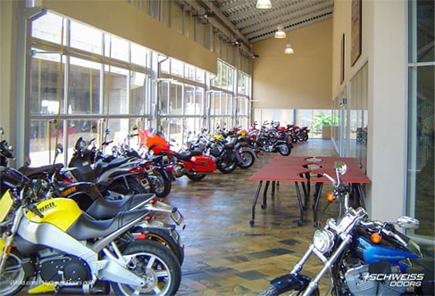 Schweiss glass doors at motorcycle dealership