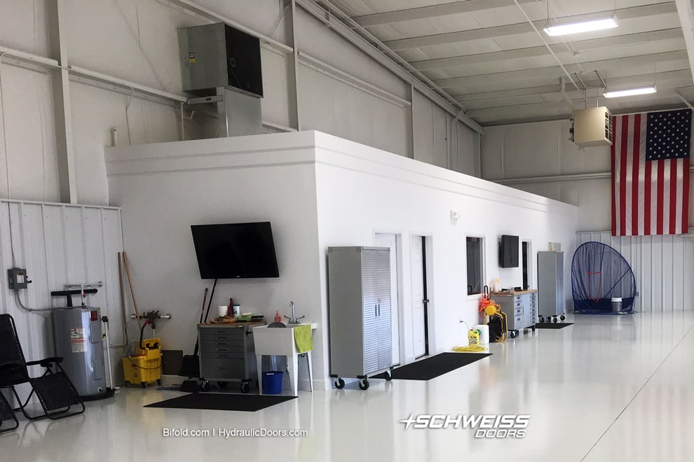 Hangar has office, full bathroom, and heating and air-conditioning.